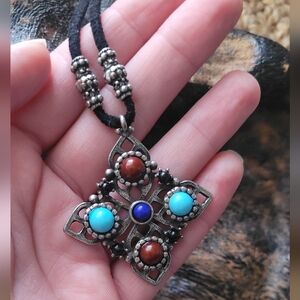 Indeed Short Pendant Necklace, Silver and Mutilcolor on Leather Cord